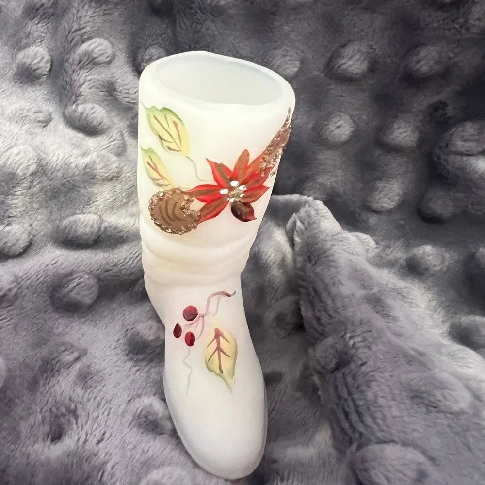 Fenton Art Glass Hand Painted Boot Poinsettia Leaf Signed J Powell 3